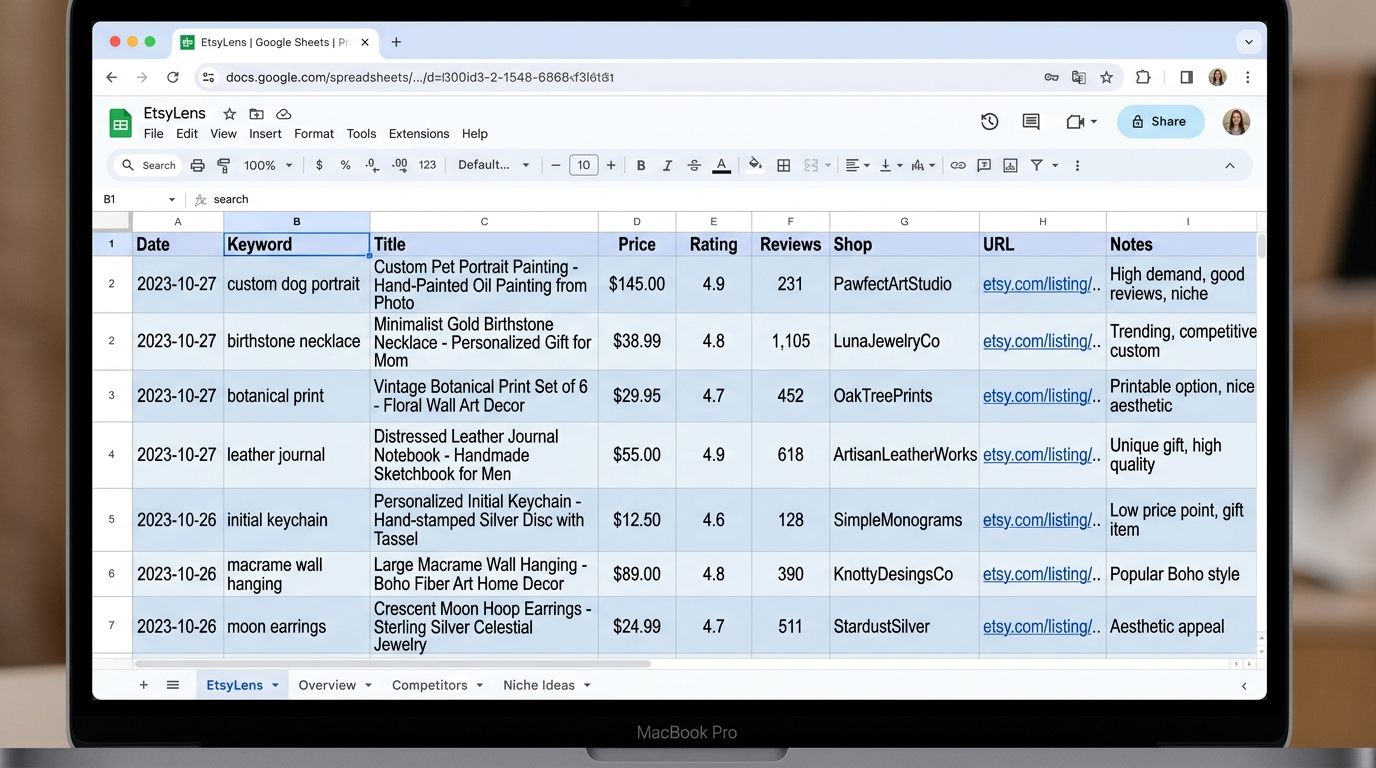 Product data exported to Google Sheets